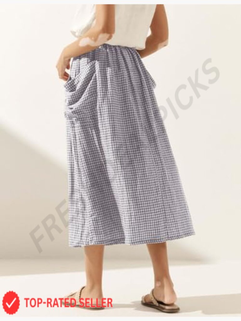 Plaid Midi Skirt Elastic Waist with Pockets Flowy Vintage A-Line - Picture 3 of 6